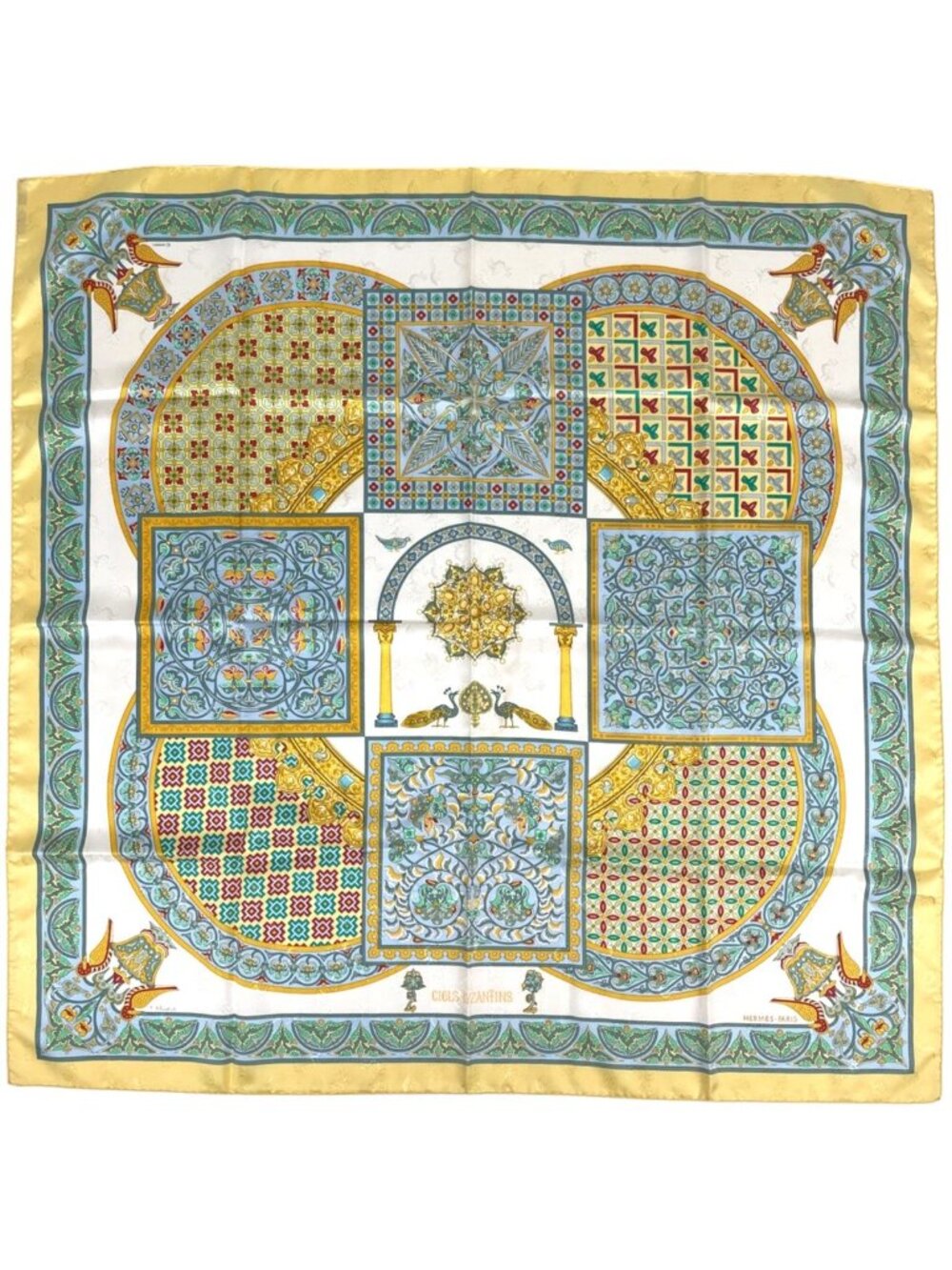 Hermes Carre 90 Ciels Byzantins Scarf Byzantine Sky Bird Silk Yellow Multicolor